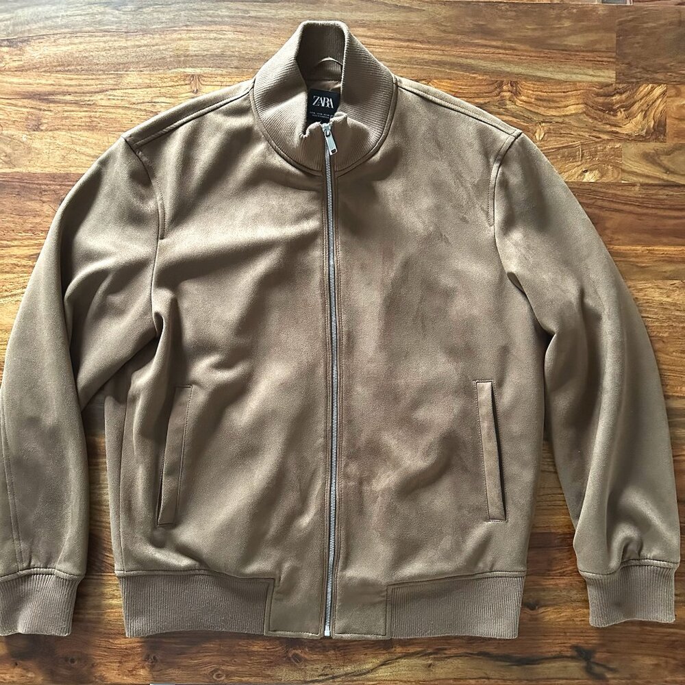 Zara Cognac Brown Suede Bomber Jacket, Men Size XL